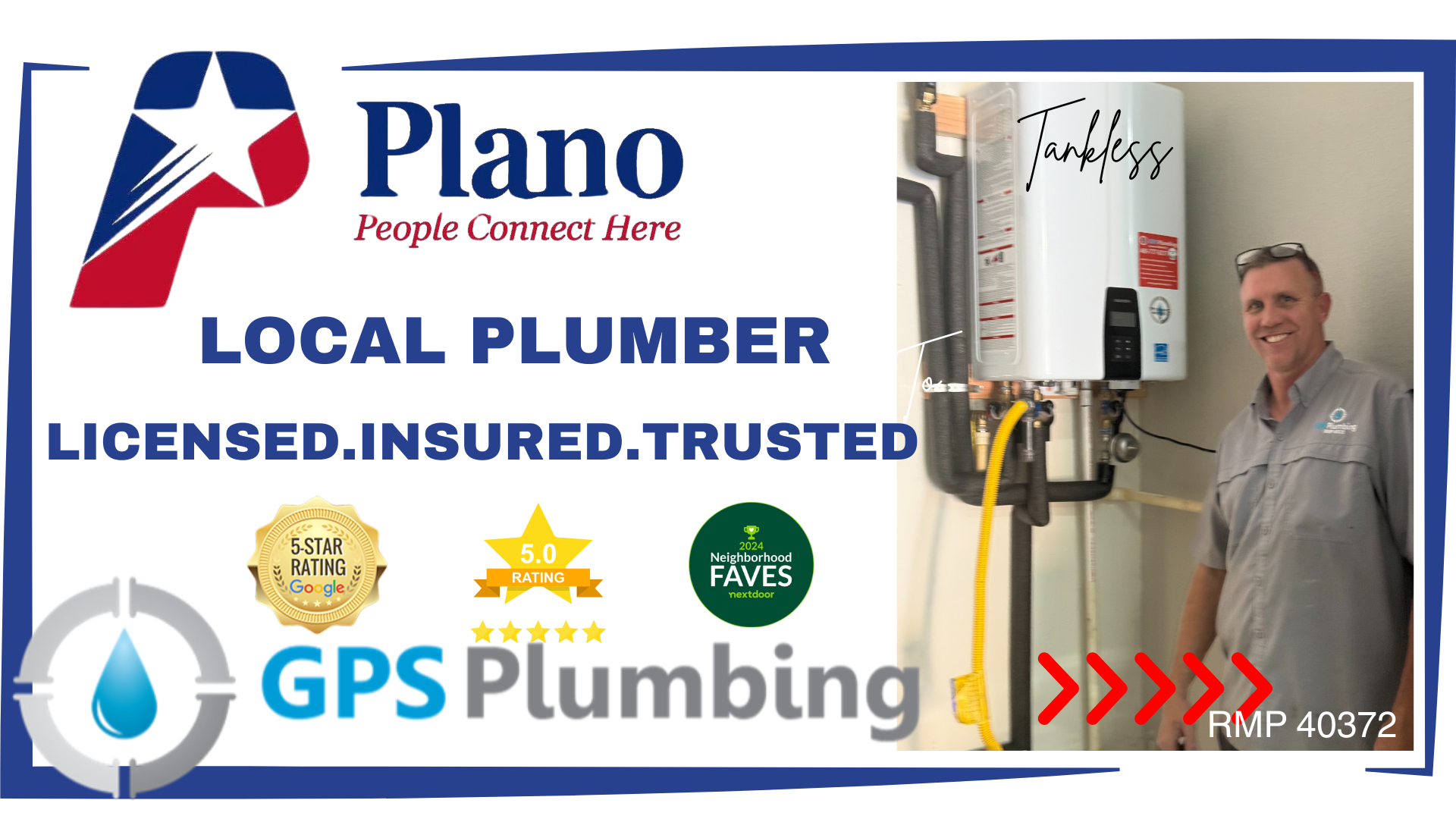Steve, a licensed master plumber near me in Plano TX, installs a tankless water heater for a homeowner.